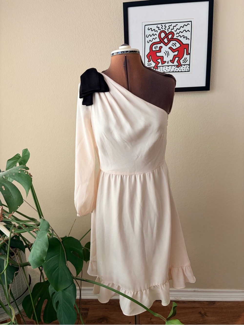J Crew One-Shoulder Cream Dress with Black Bow Sz 0